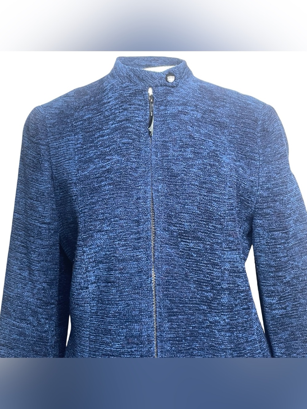 Akris Punto Blue Tweed Zip Front Wool Angora Jacket Blazer Lined Pockets Sz 10 - Picture 2 of 16
